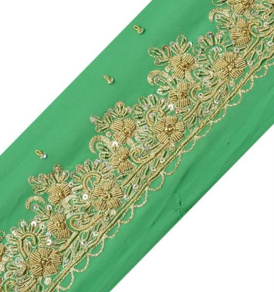 Vintage Sari Border Indian Craft Trim Hand Beaded Embroidered Ribbon Lace Green