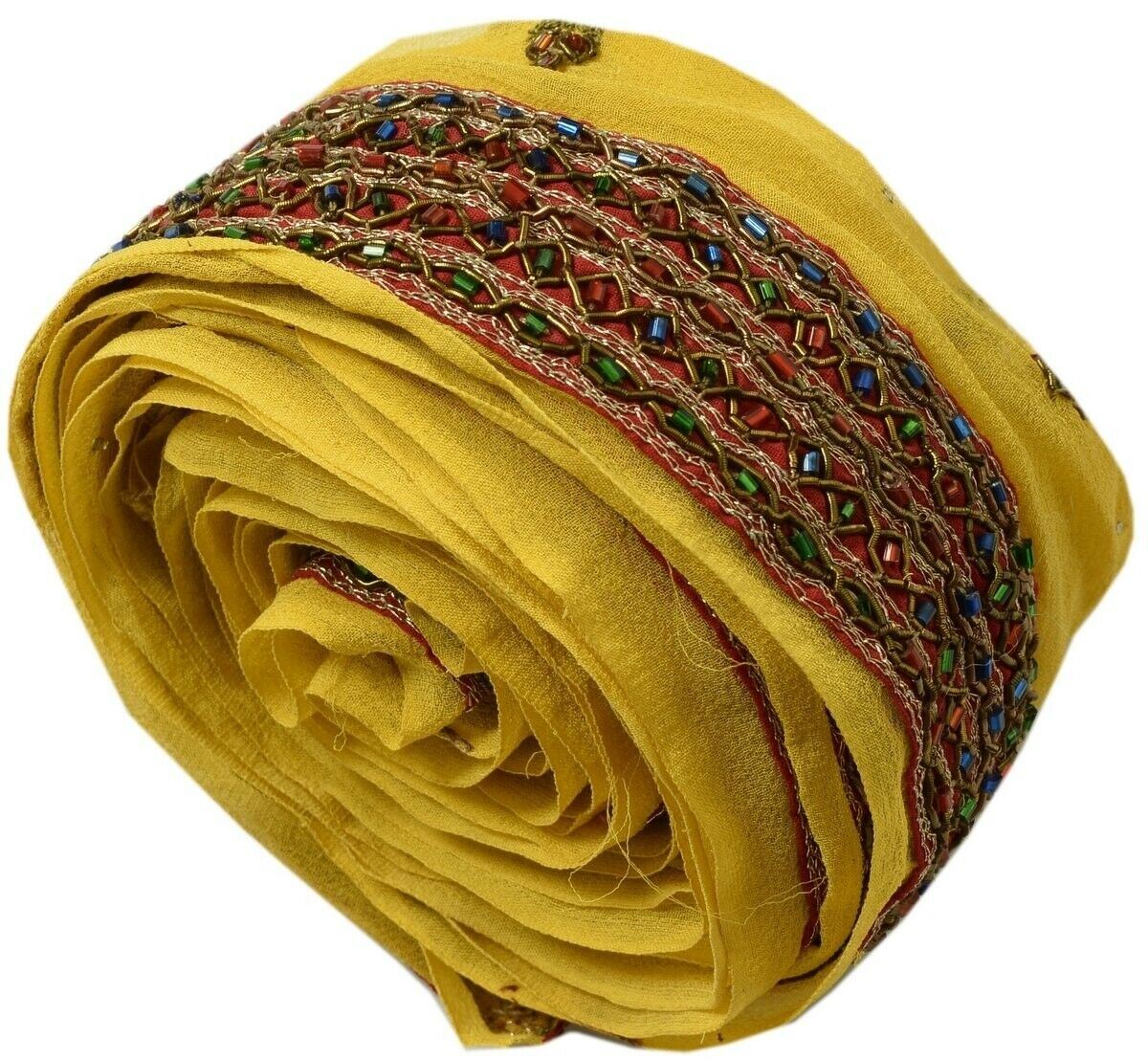 1.25" W Vintage Sari Border Indian Craft Trim Hand Beaded Maroon Ribbon Lace