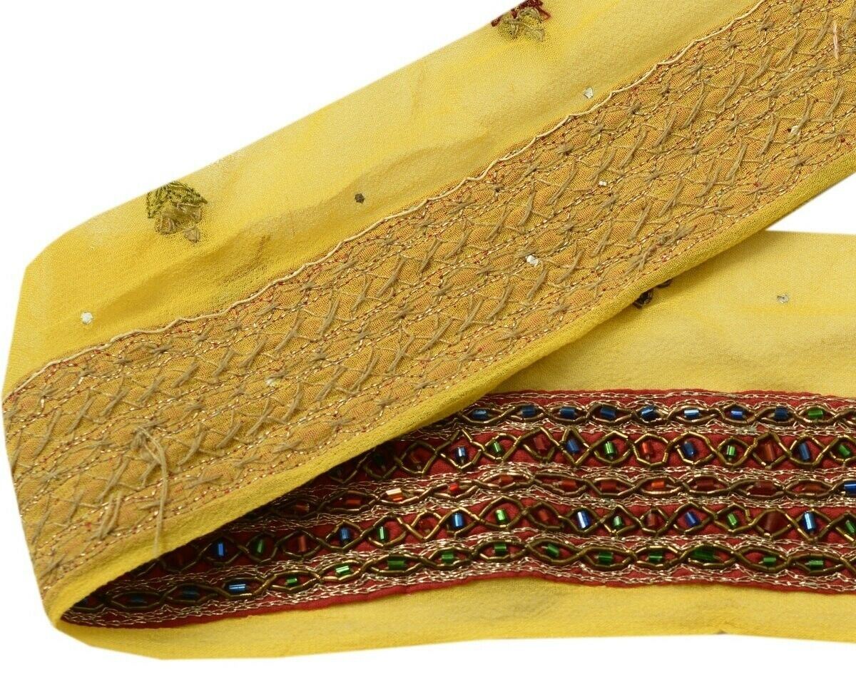 1.25" W Vintage Sari Border Indian Craft Trim Hand Beaded Maroon Ribbon Lace