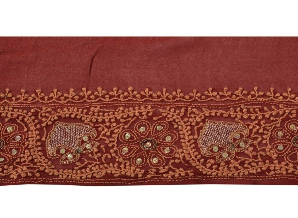 Vintage Sari Border Indian Craft Sewing Trim Hand Embroidered Lace Dark Red