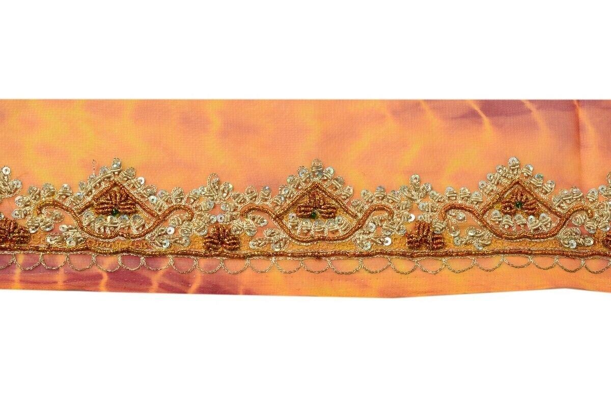 Vintage Sari Border Indian Craft Trim Hand Beaded Embroidered Ribbon Lace Rust