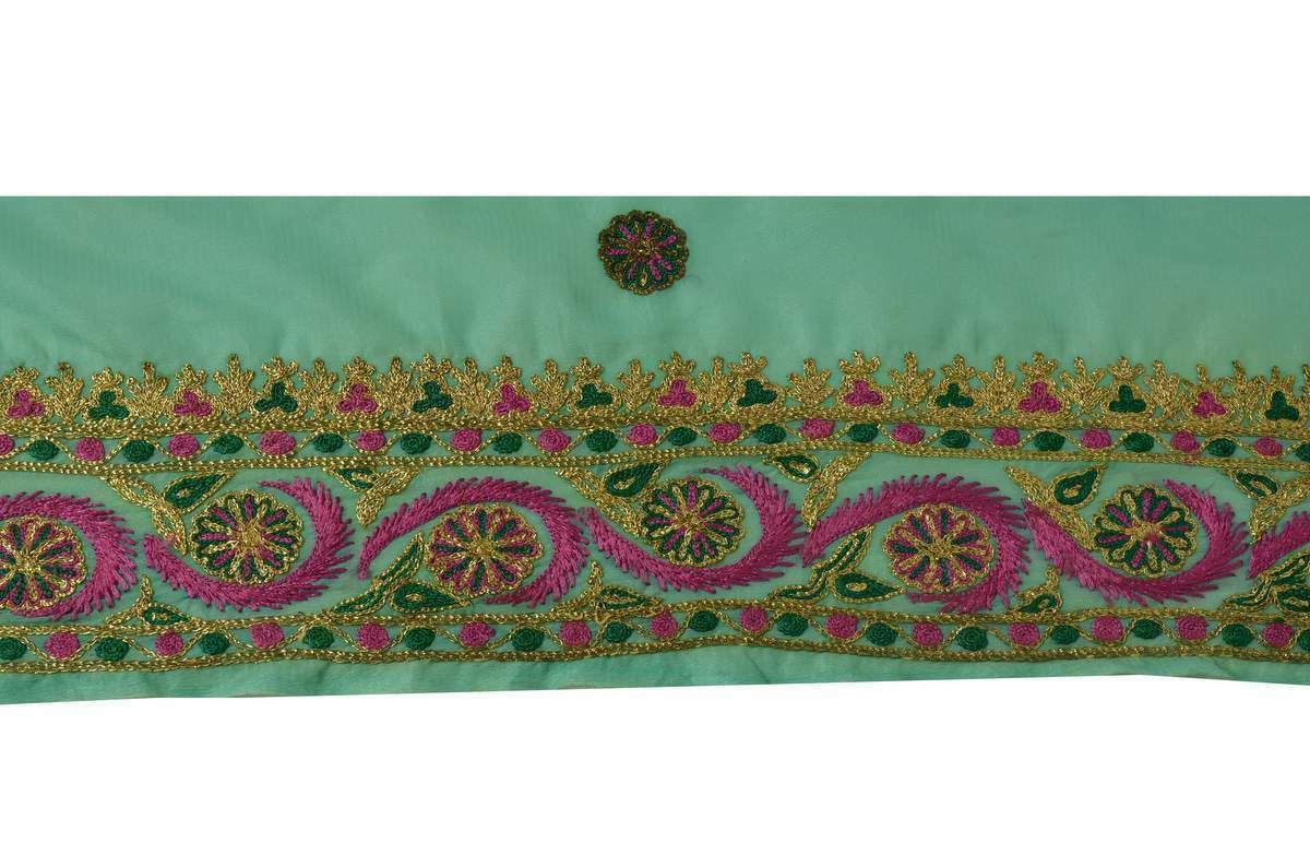 Vintage Sari Border Indian Craft Trim Embroidered Floral Green Lace Ribbon Wrap