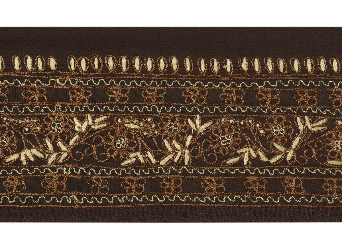 Vintage Sari Border Indian Craft Trim Embroidered Deep Brown Ribbon Lace