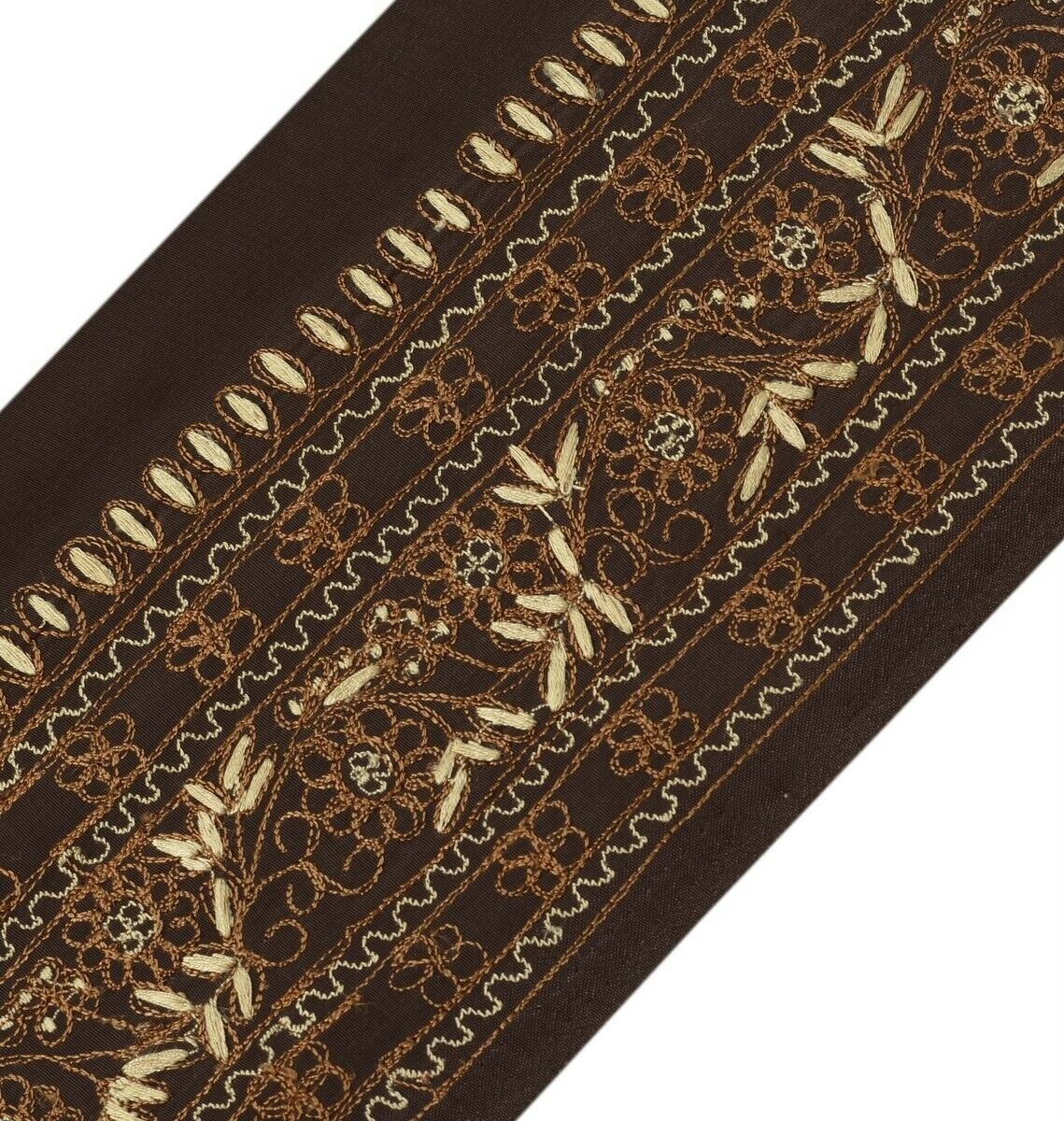 Vintage Sari Border Indian Craft Trim Embroidered Deep Brown Ribbon Lace