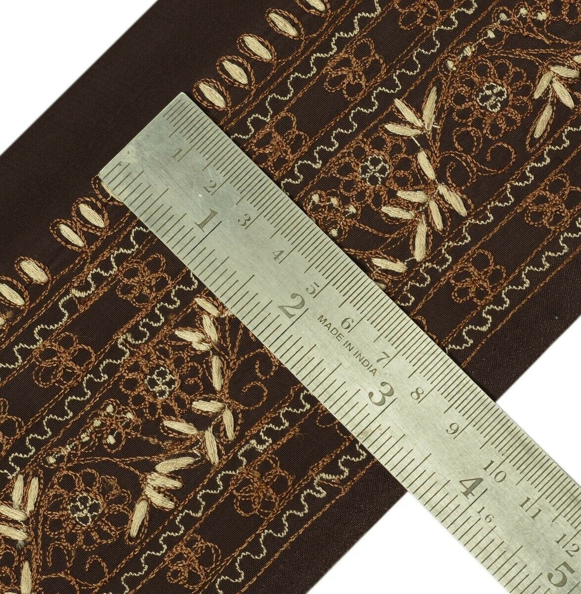 Vintage Sari Border Indian Craft Trim Embroidered Deep Brown Ribbon Lace