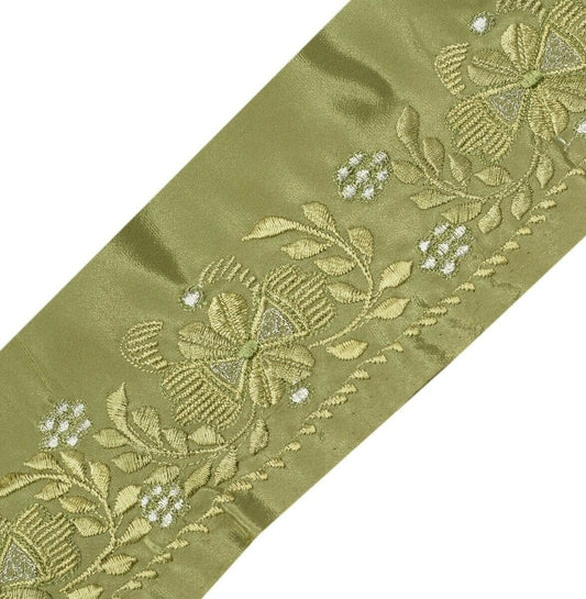 Vintage Sari Border Indian Craft Trim Embroidered Floral Green Ribbon Lace