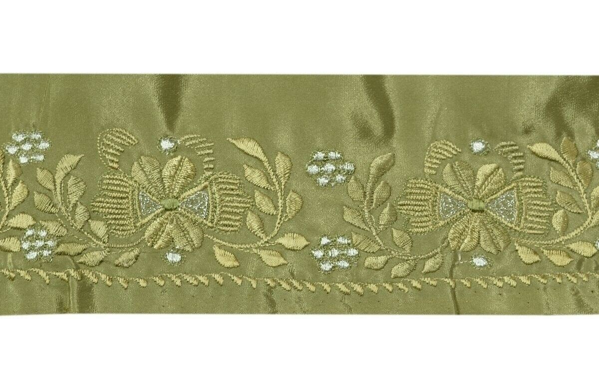 Vintage Sari Border Indian Craft Trim Embroidered Floral Green Ribbon Lace