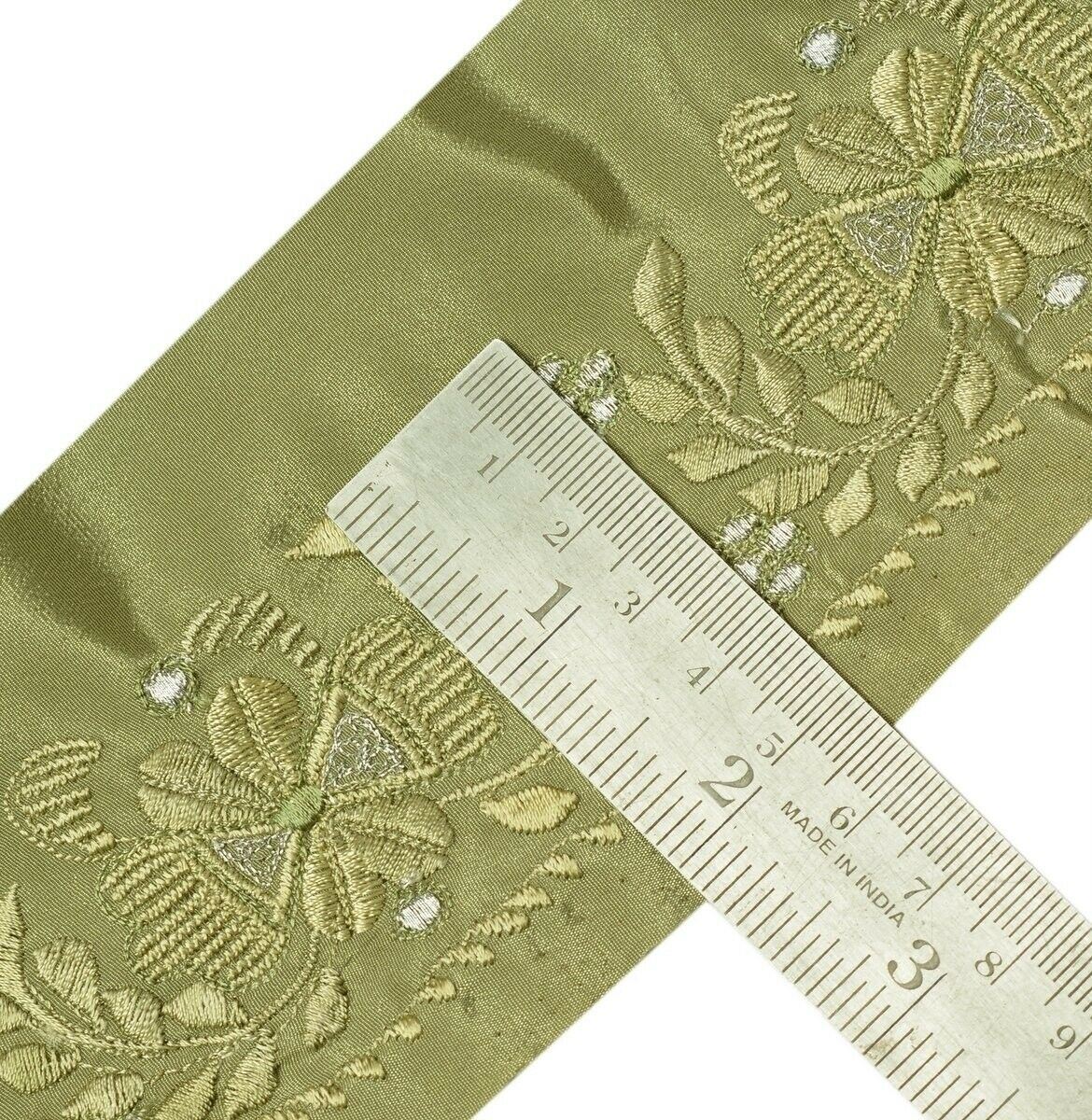 Vintage Sari Border Indian Craft Trim Embroidered Floral Green Ribbon Lace