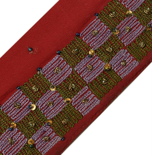 Vintage Sari Border Indian Craft Trim Embroidered Beaded Deep Red Ribbon Lace