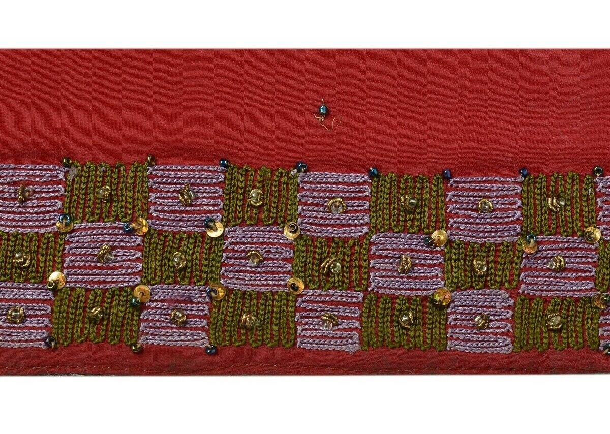 Vintage Sari Border Indian Craft Trim Embroidered Beaded Deep Red Ribbon Lace