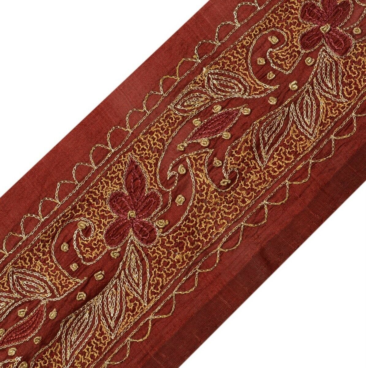 Vintage Sari Border Indian Craft Trim Embroidered Beaded Maroon Ribbon Lace