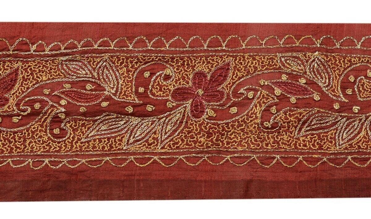 Vintage Sari Border Indian Craft Trim Embroidered Beaded Maroon Ribbon Lace