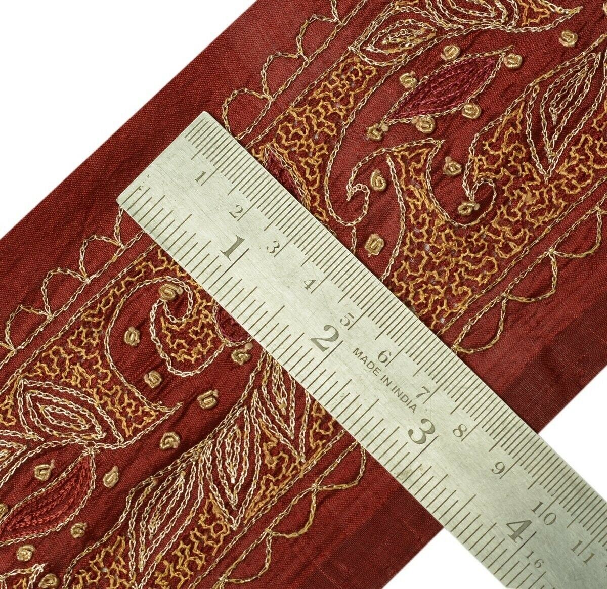 Vintage Sari Border Indian Craft Trim Embroidered Beaded Maroon Ribbon Lace