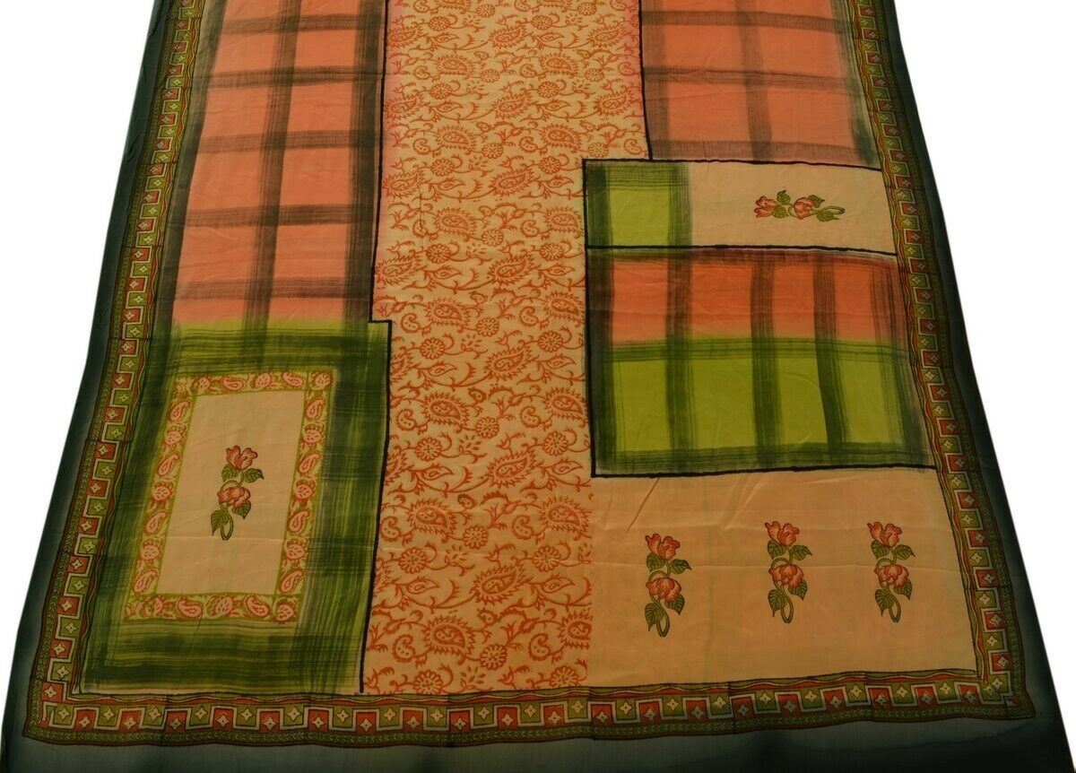 Vintage Indian Saree 100% Pure Crepe Silk Printed Soft Scrap Fabric for Craft