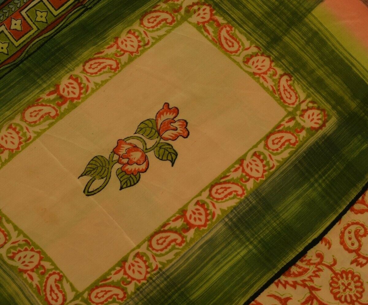 Vintage Indian Saree 100% Pure Crepe Silk Printed Soft Scrap Fabric for Craft