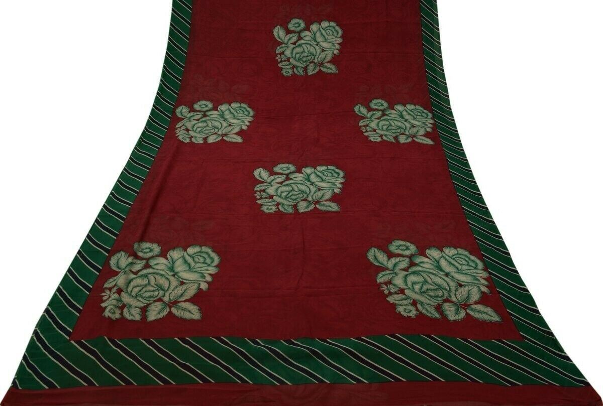 Vintage Saree 100% Pure Georgette Silk Printed Scrap Fabric for Craft Maroon