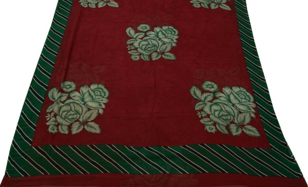 Vintage Saree 100% Pure Georgette Silk Printed Scrap Fabric for Craft Maroon