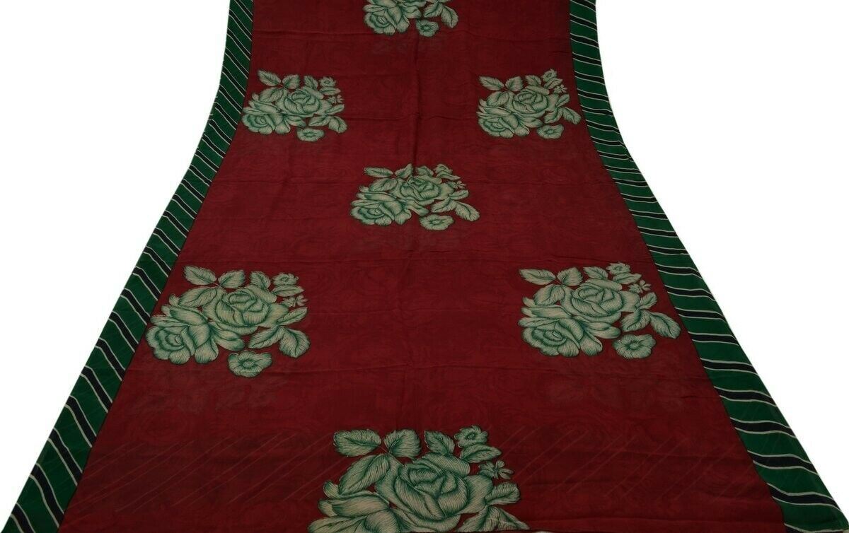 Vintage Saree 100% Pure Georgette Silk Printed Scrap Fabric for Craft Maroon