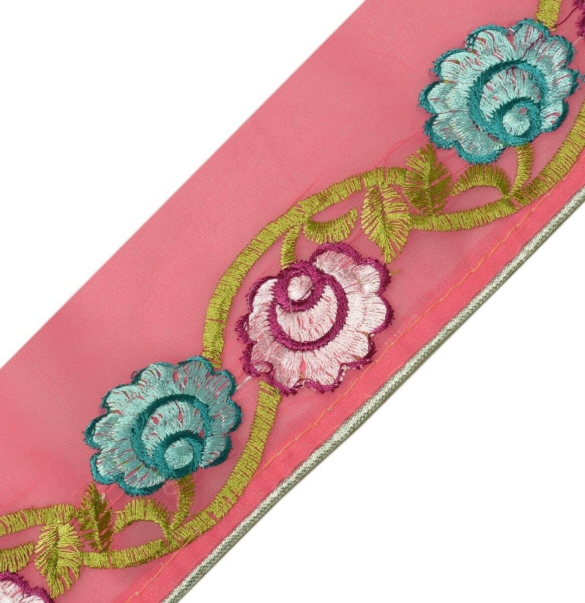 Vintage Sari Border Indian Craft Trim Embroidered Floral Pink Ribbon Lace