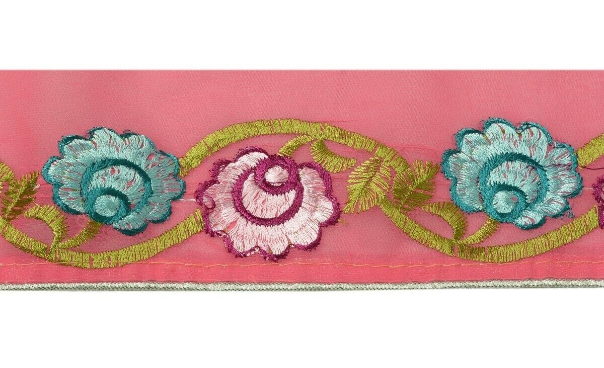 Vintage Sari Border Indian Craft Trim Embroidered Floral Pink Ribbon Lace