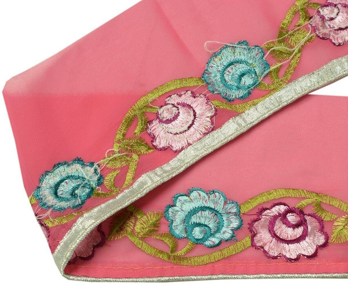 Vintage Sari Border Indian Craft Trim Embroidered Floral Pink Ribbon Lace