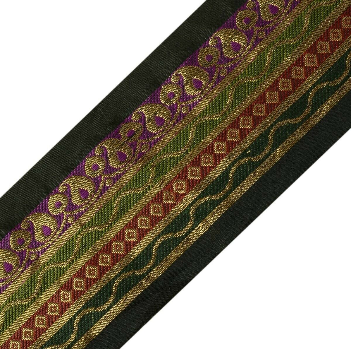 Vintage Sari Border Indian Craft Trim Zari Woven Black Purple Green Ribbon Lace