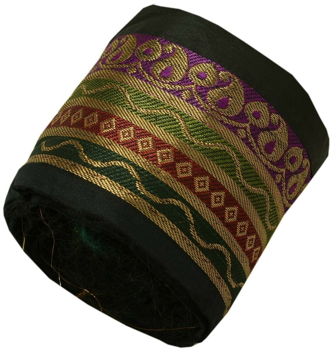 Vintage Sari Border Indian Craft Trim Zari Woven Black Purple Green Ribbon Lace