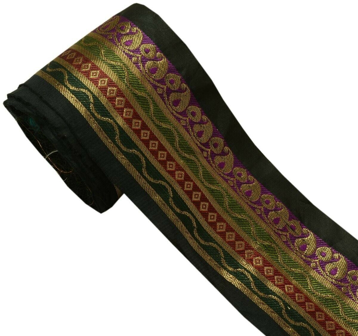 Vintage Sari Border Indian Craft Trim Zari Woven Black Purple Green Ribbon Lace