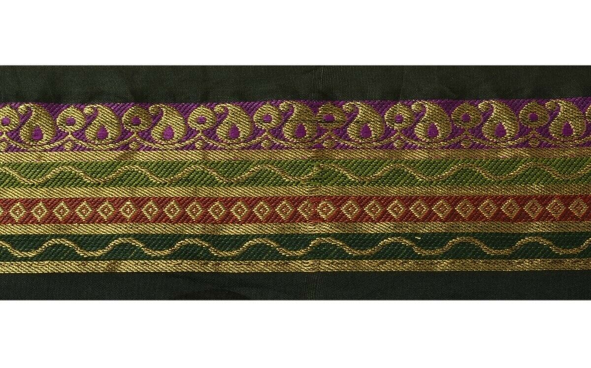 Vintage Sari Border Indian Craft Trim Zari Woven Black Purple Green Ribbon Lace