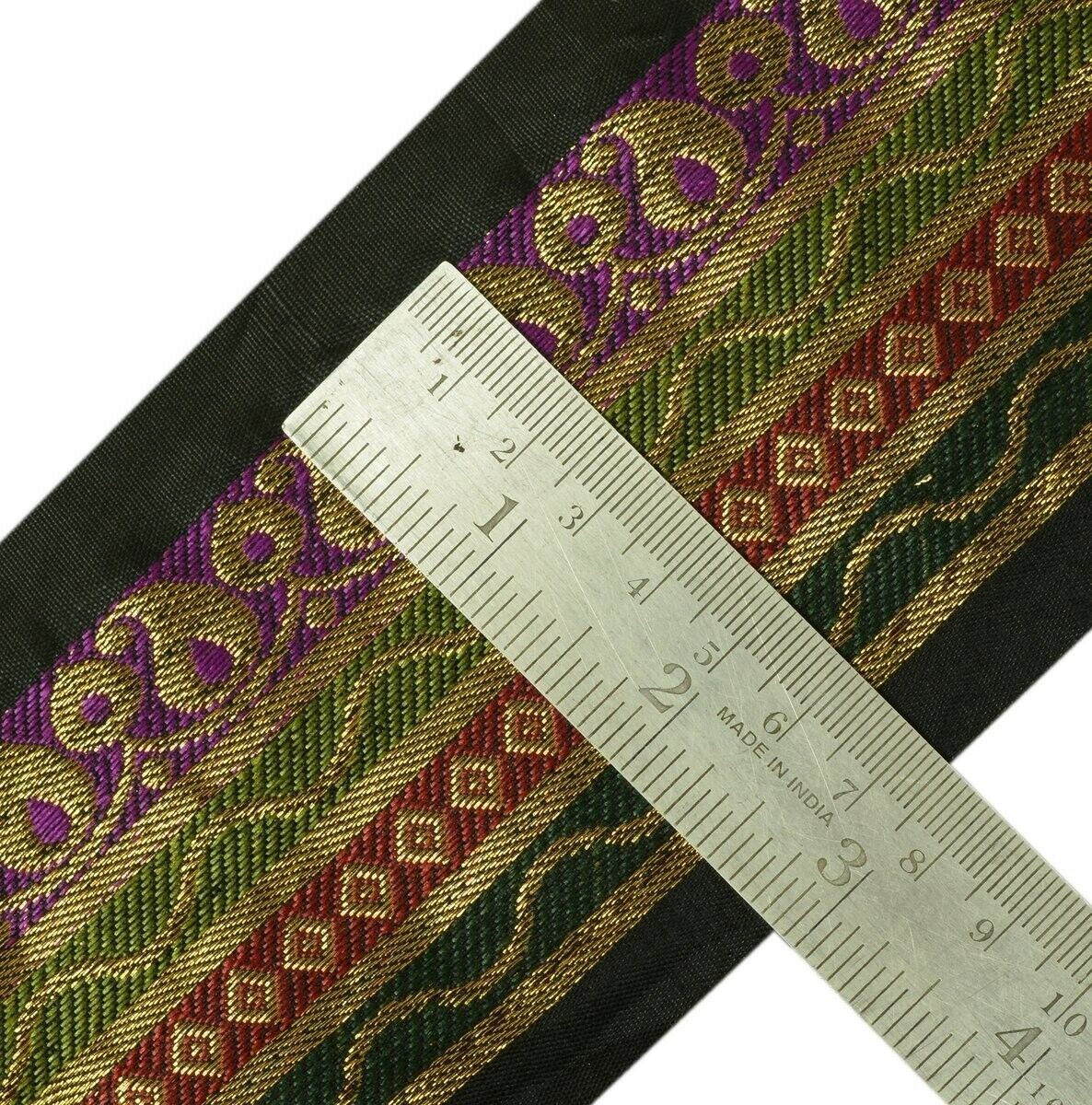 Vintage Sari Border Indian Craft Trim Zari Woven Black Purple Green Ribbon Lace