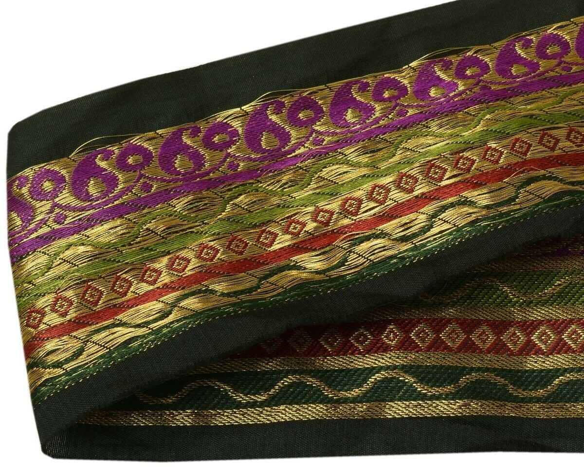 Vintage Sari Border Indian Craft Trim Zari Woven Black Purple Green Ribbon Lace