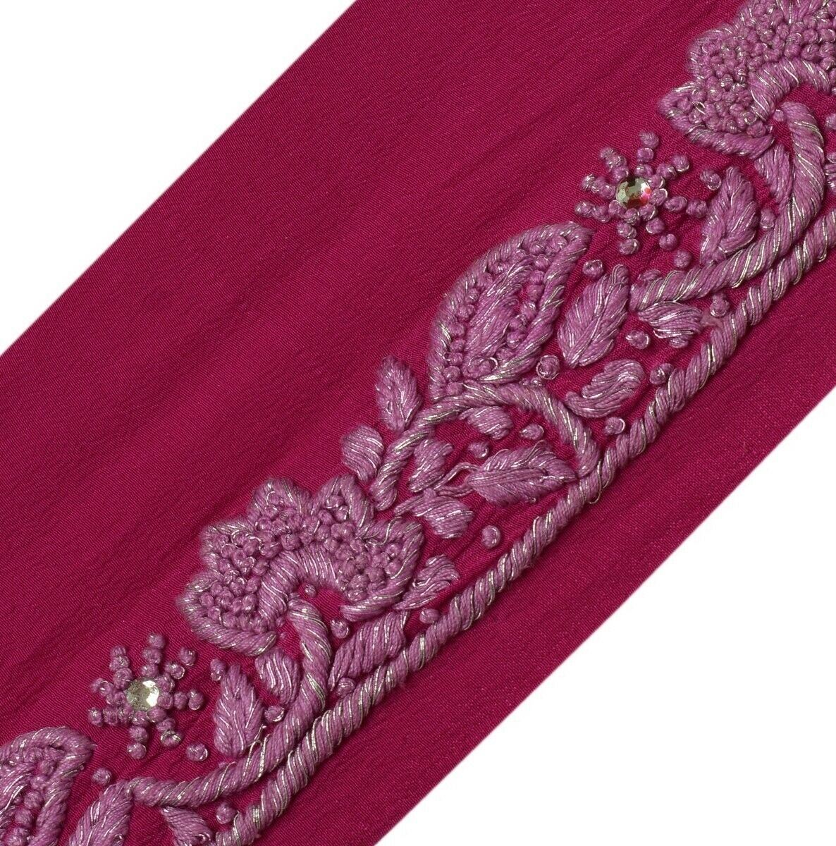 Vintage Sari Border Indian Craft Trim Hand Embroidered Magenta Ribbon Lace