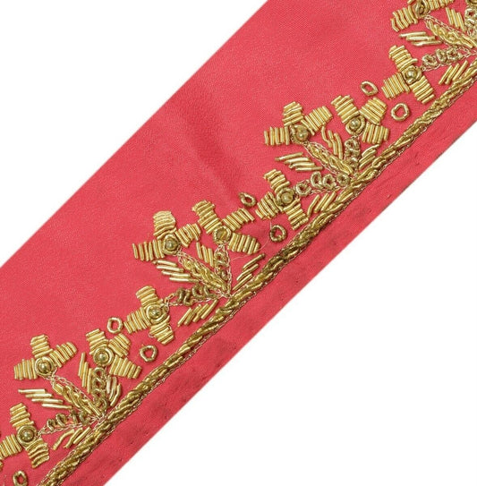 Vintage Sari Border Indian Craft Trim Hand Beaded Zardozi Ribbon Lace Pink