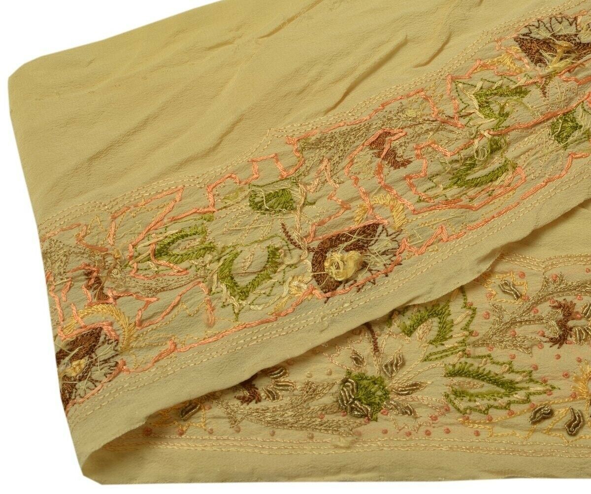 Vintage Sari Border Indian Craft Trim Hand Embroidered Beaded Ribbon Lace Cream