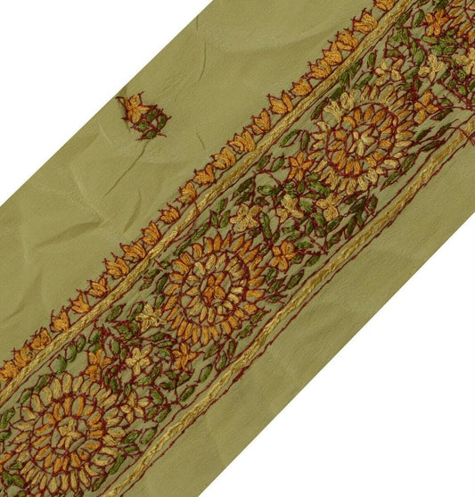 Vintage Sari Border Indian Craft Trim Hand Embroidered Light Green Ribbon Lace