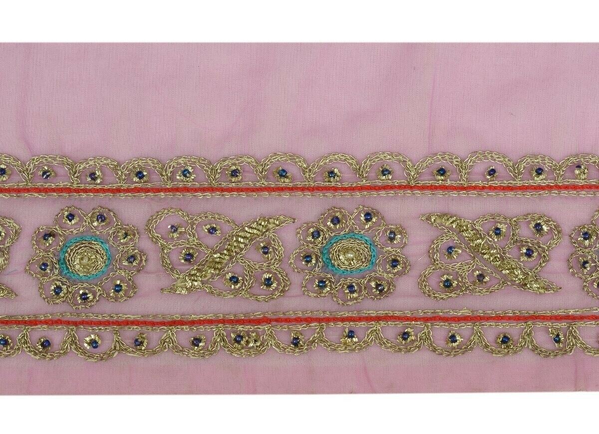 Vintage Sari Border Craft Trim Hand Beaded Embroidered Ribbon Lace Light Magenta