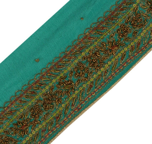 Vintage Sari Border Indian Craft Trim Hand Beaded Zardozi Ribbon Lace Green