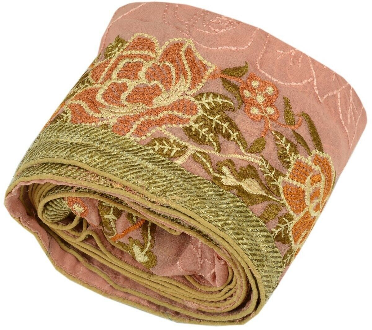 Vintage Sari Border Indian Craft Trim Antique Embroidered Ribbon Lace Peach