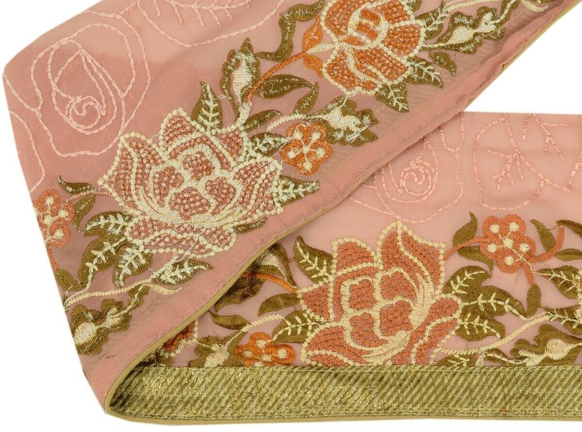 Vintage Sari Border Indian Craft Trim Antique Embroidered Ribbon Lace Peach