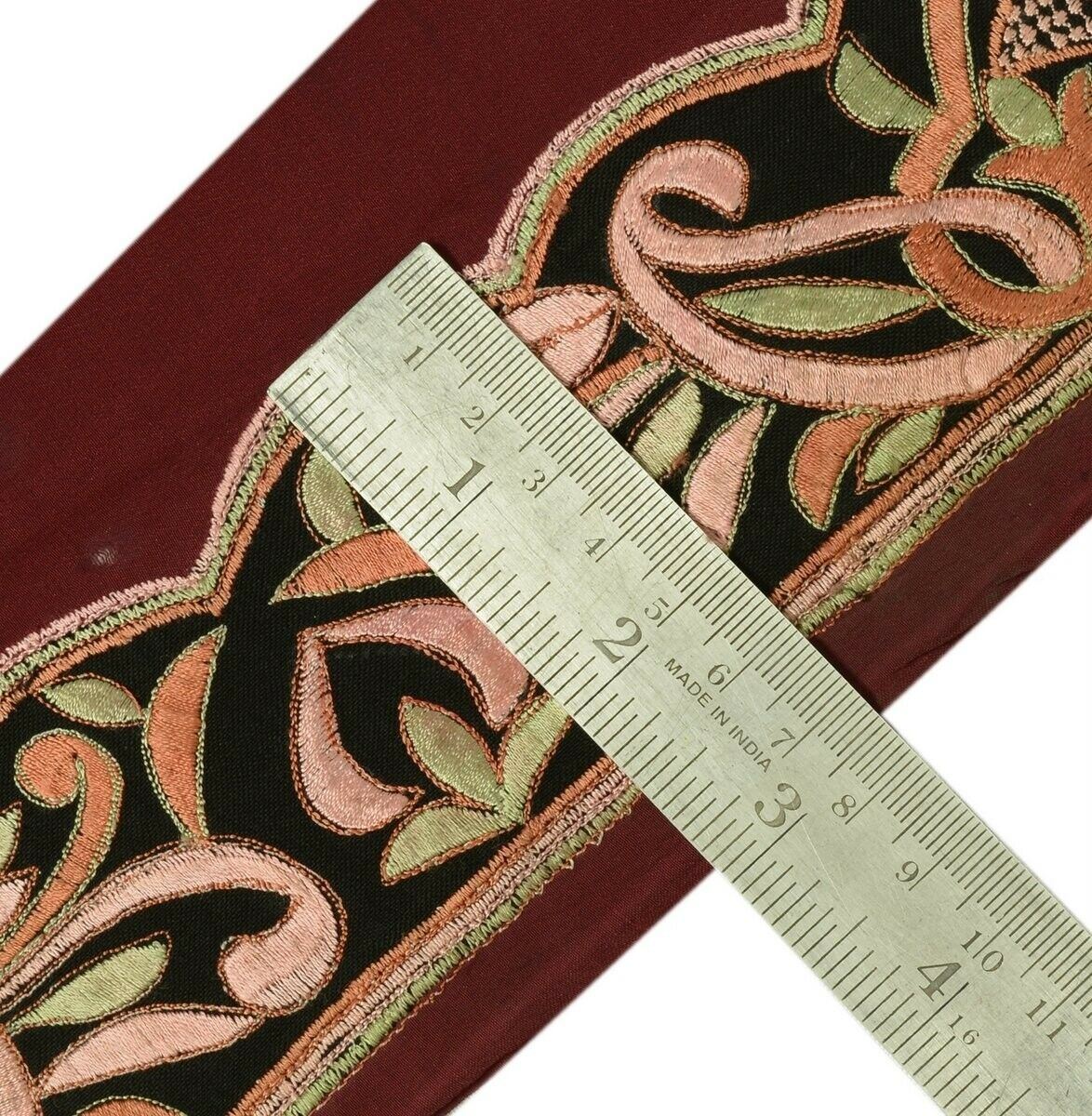 Vintage Sari Border Indian Trim Embroidered Black Maroon Sewing Ribbon Lace