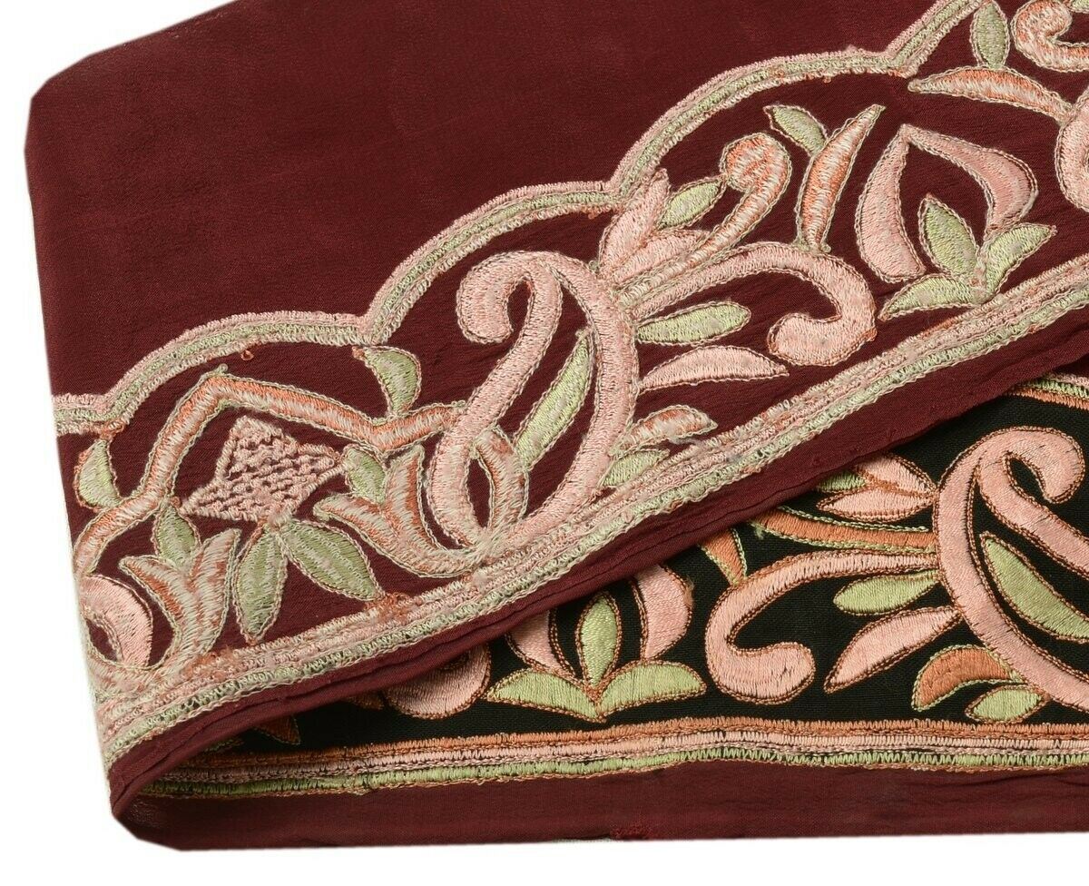 Vintage Sari Border Indian Trim Embroidered Black Maroon Sewing Ribbon Lace