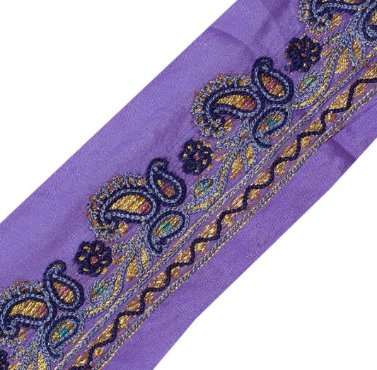 Vintage Sari Border Indian Craft Trim Embroidered Paisley Sewing Ribbon Purple