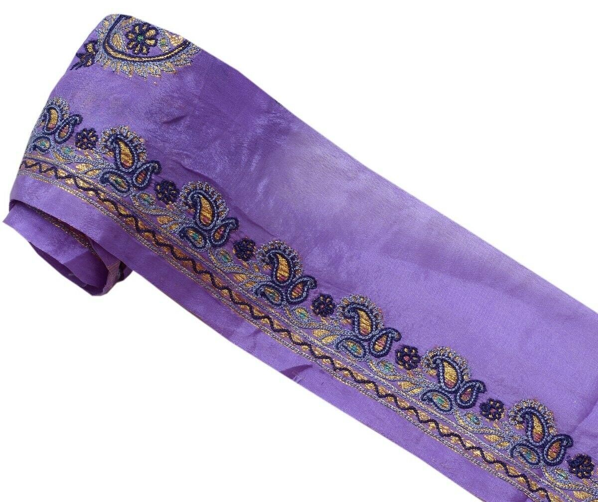 Vintage Sari Border Indian Craft Trim Embroidered Paisley Sewing Ribbon Purple