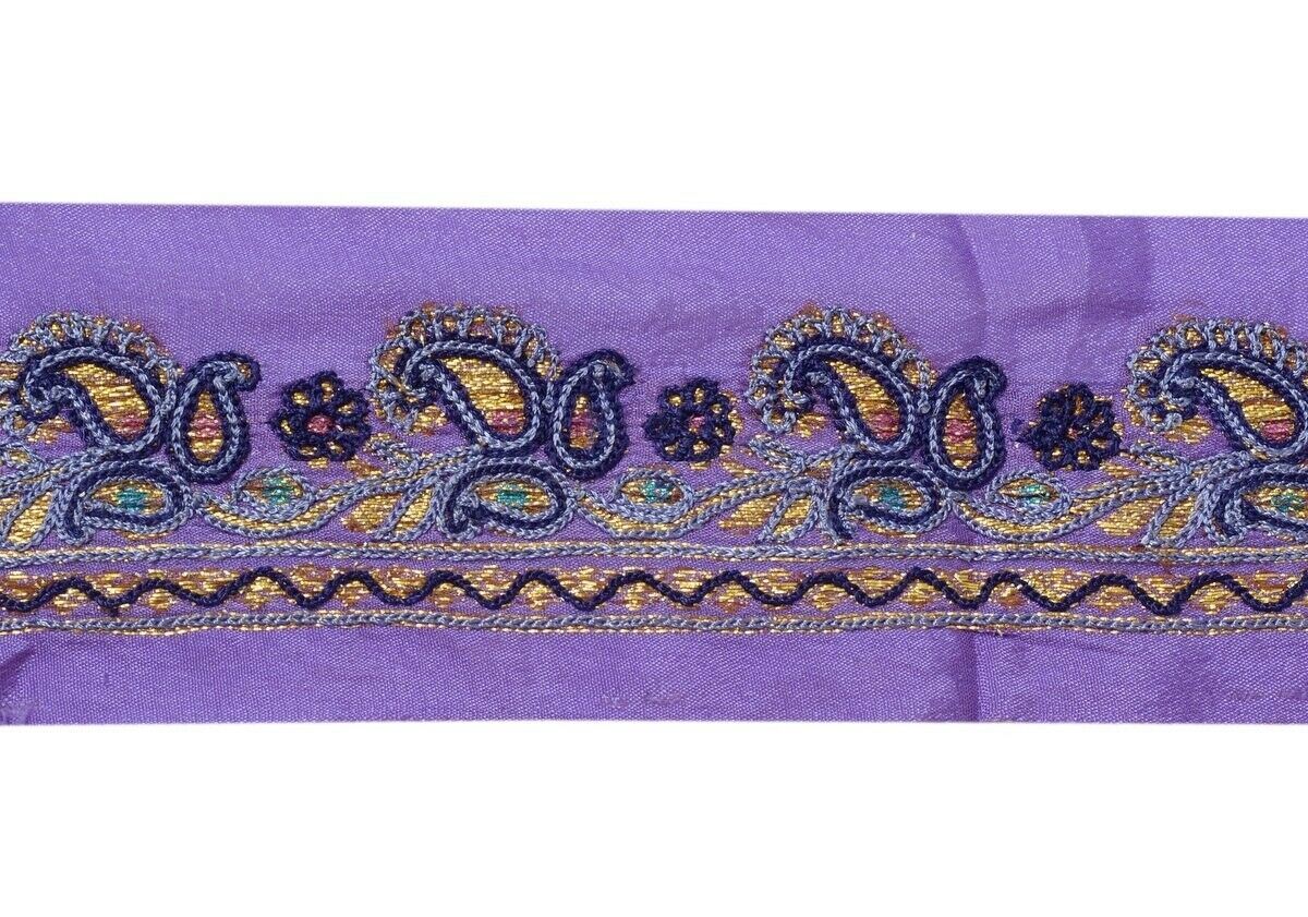 Vintage Sari Border Indian Craft Trim Embroidered Paisley Sewing Ribbon Purple