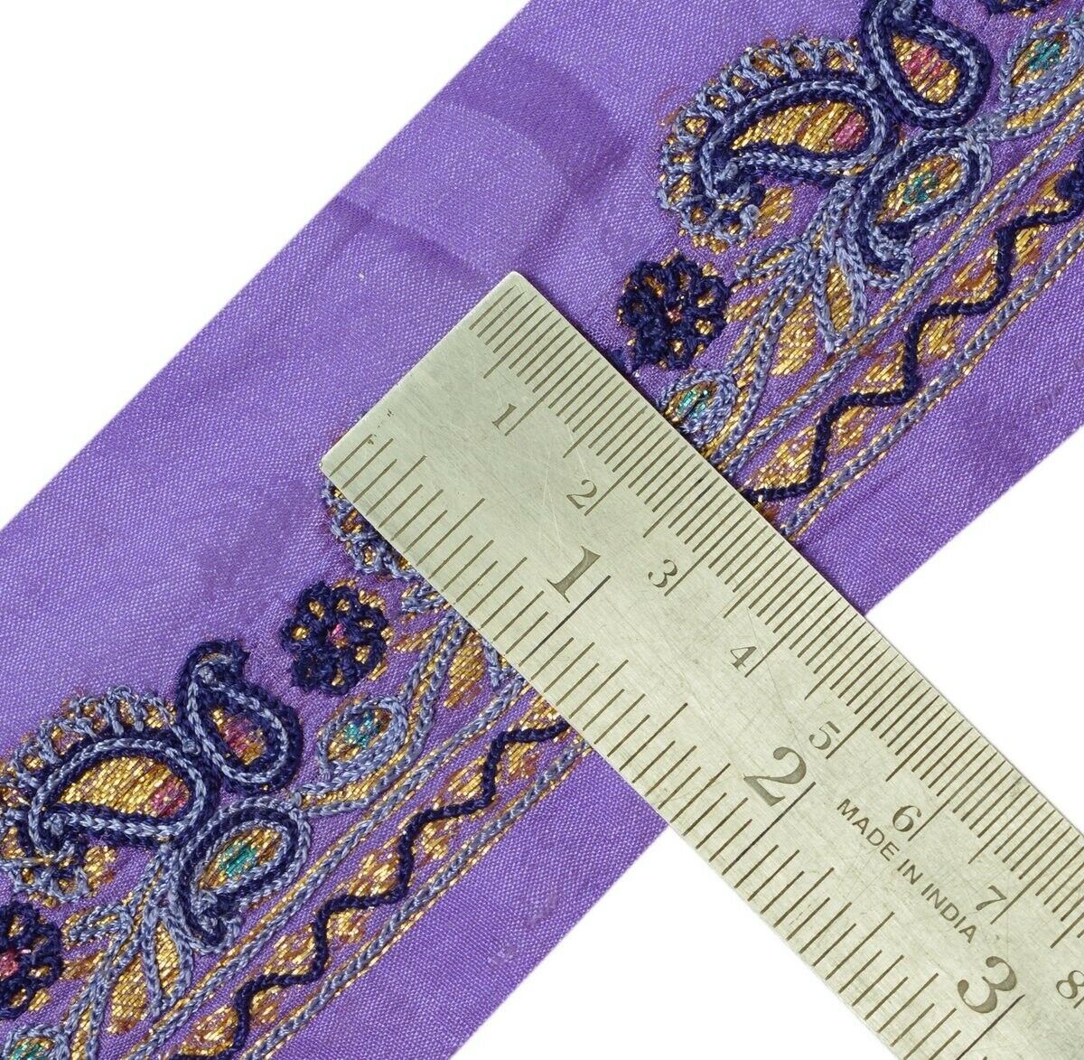 Vintage Sari Border Indian Craft Trim Embroidered Paisley Sewing Ribbon Purple