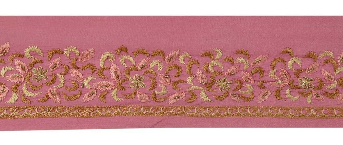 Antique Vtg Sari Border Indian Craft Trim Embroidered Beaded Pink Lace Ribbon