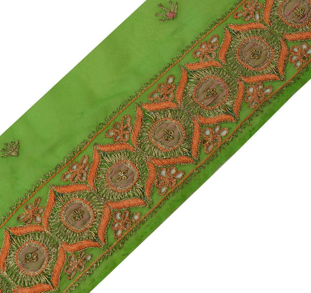 Vintage Sari Border Indian Craft Trim Embroidered Beaded Green Lace Ribbon