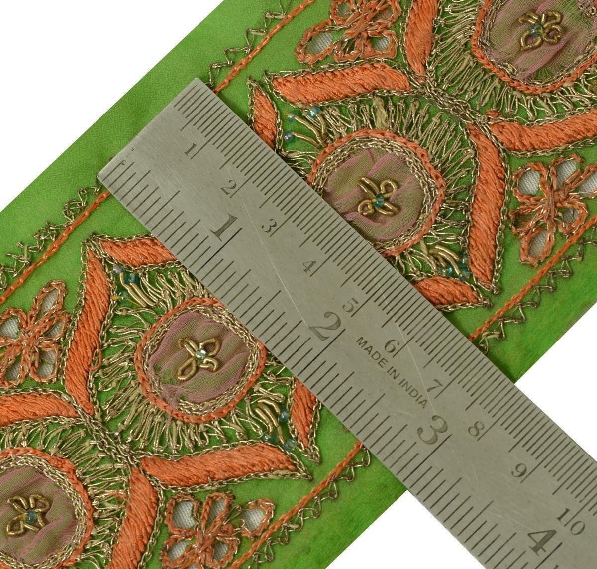 Vintage Sari Border Indian Craft Trim Embroidered Beaded Green Lace Ribbon