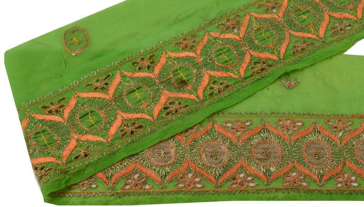 Vintage Sari Border Indian Craft Trim Embroidered Beaded Green Lace Ribbon