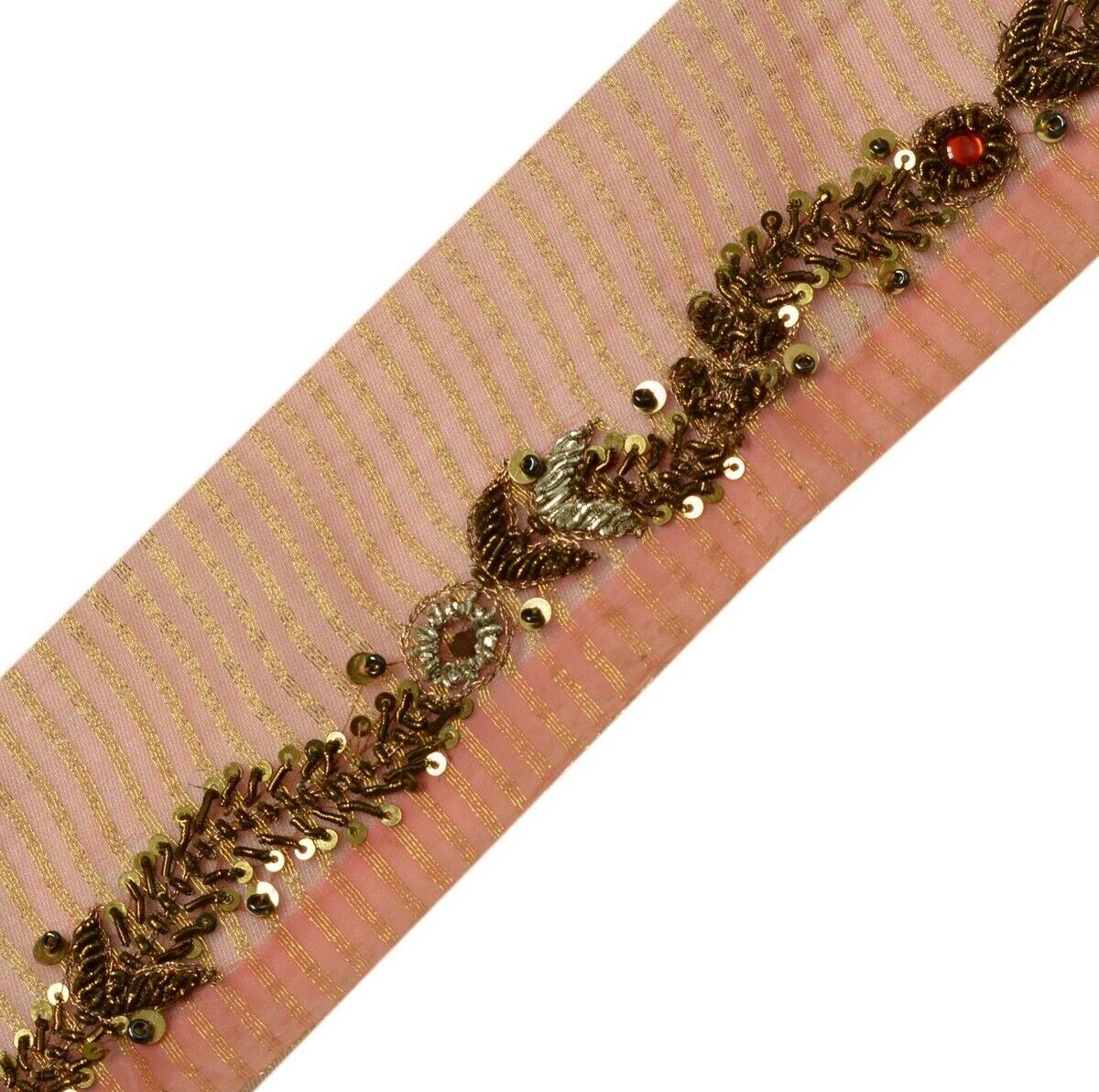 Vintage Saree Border Indian Craft Trim Hand Beaded Zardozi Ribbon Lace Peach